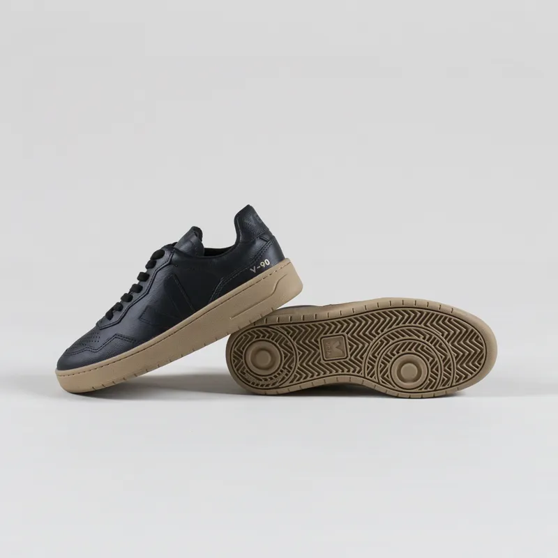 Veja Womens V-90 Leather Shoes Black Dune-3