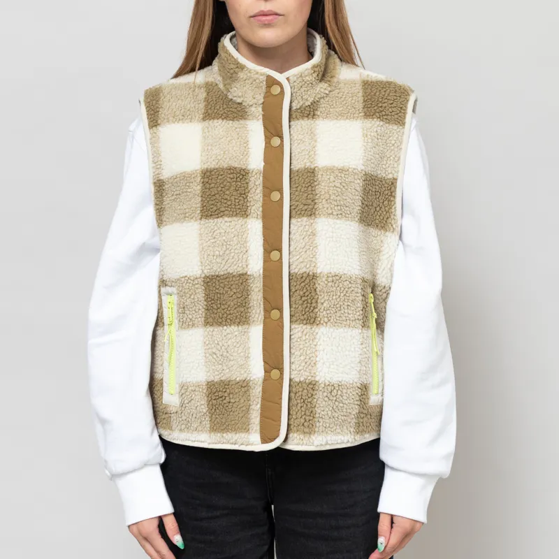 Indi And Cold Womens Teddy Plaid Vest Olive