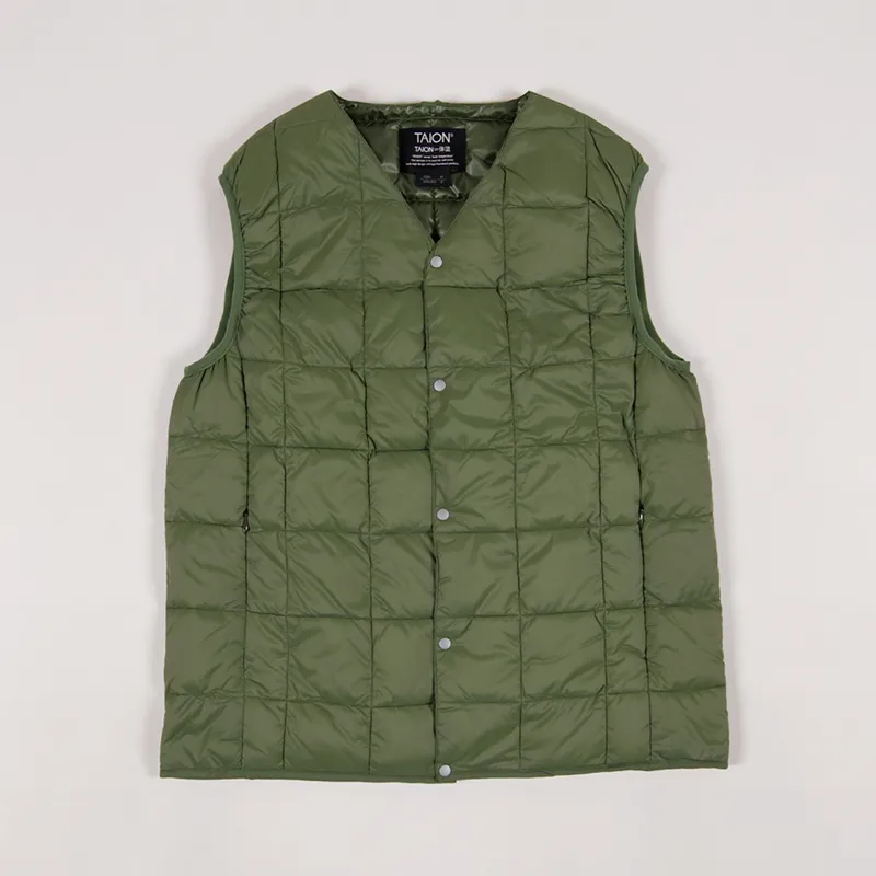 Taion Works Mens Insulated V Neck Button Down Vest Olive Green