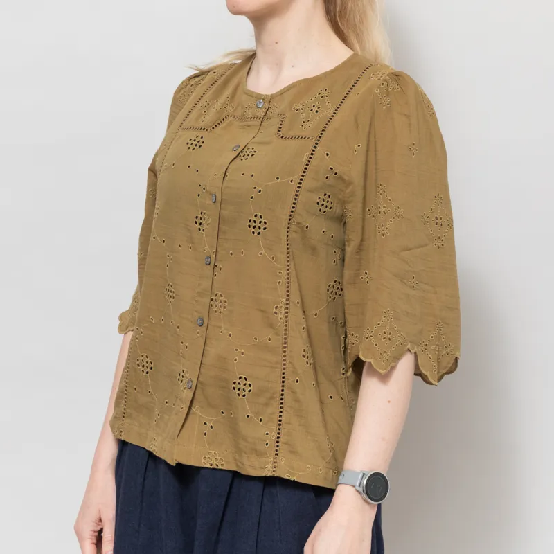 Indi and Cold Womens Boxy Schiffli Embroidery Shirt Khaki-1