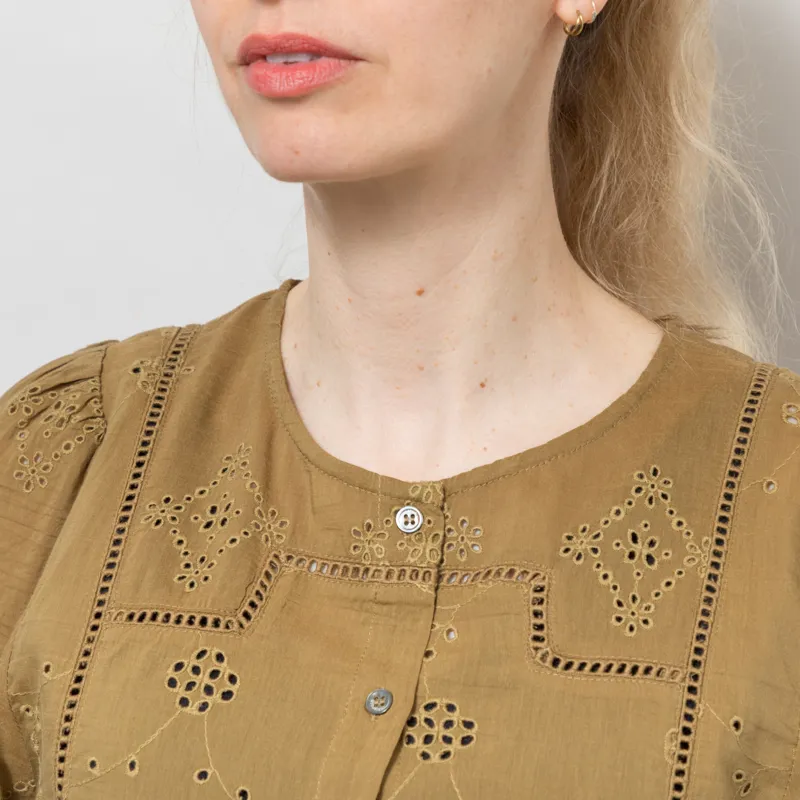 Indi and Cold Womens Boxy Schiffli Embroidery Shirt Khaki-3