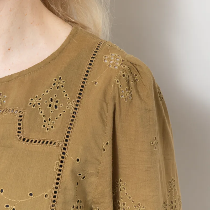 Indi and Cold Womens Boxy Schiffli Embroidery Shirt Khaki-5