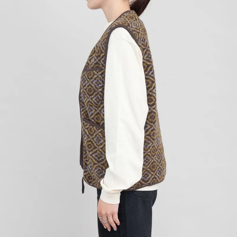 Universal Works Womens Zip Gilet Brown Geometric Fleece-1