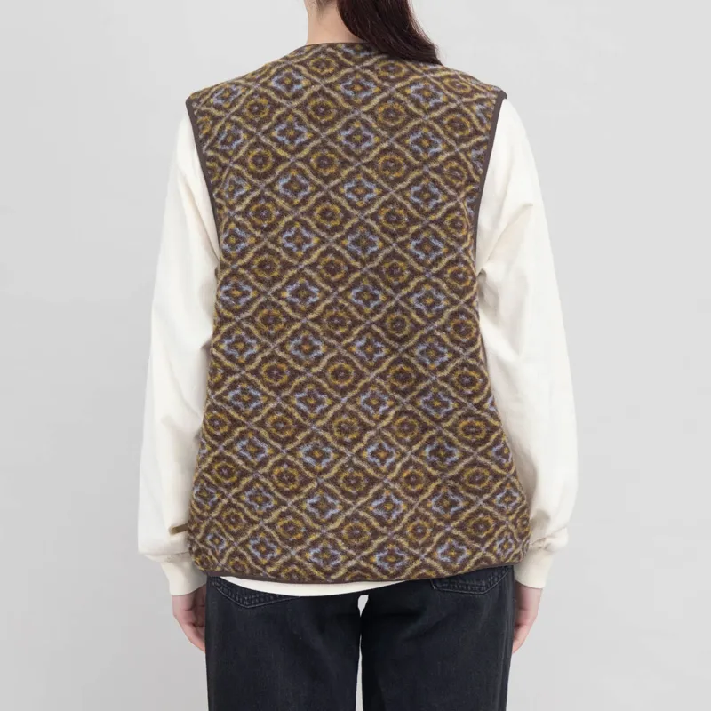 Universal Works Womens Zip Gilet Brown Geometric Fleece-2