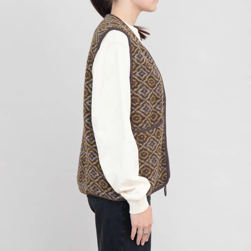 Universal Works Womens Zip Gilet Brown Geometric Fleece-3