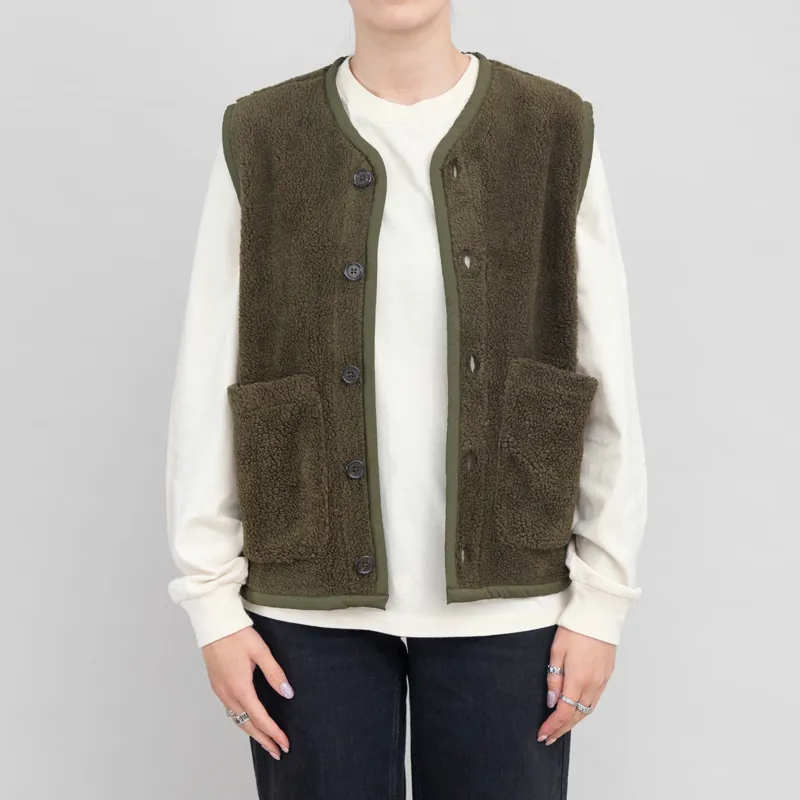 Universal Works Womens Lancaster Gilet Olive Mountain Fleece 