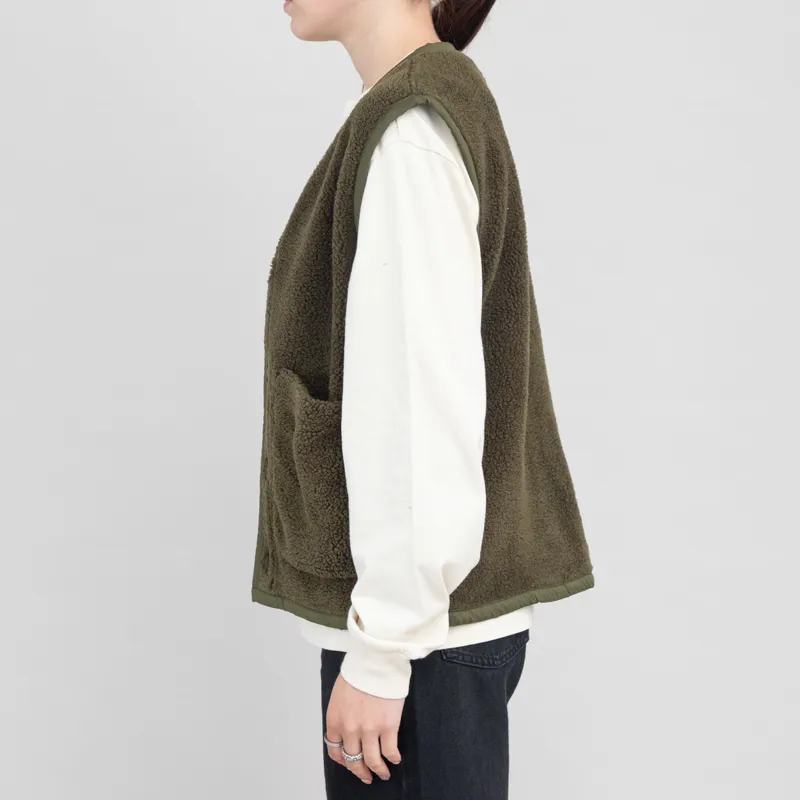Universal Works Womens Lancaster Gilet Olive Mountain Fleece -1
