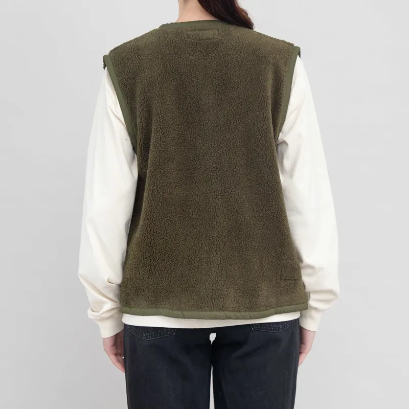 Universal Works Womens Lancaster Gilet Olive Mountain Fleece -2