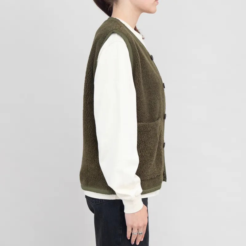 Universal Works Womens Lancaster Gilet Olive Mountain Fleece -3