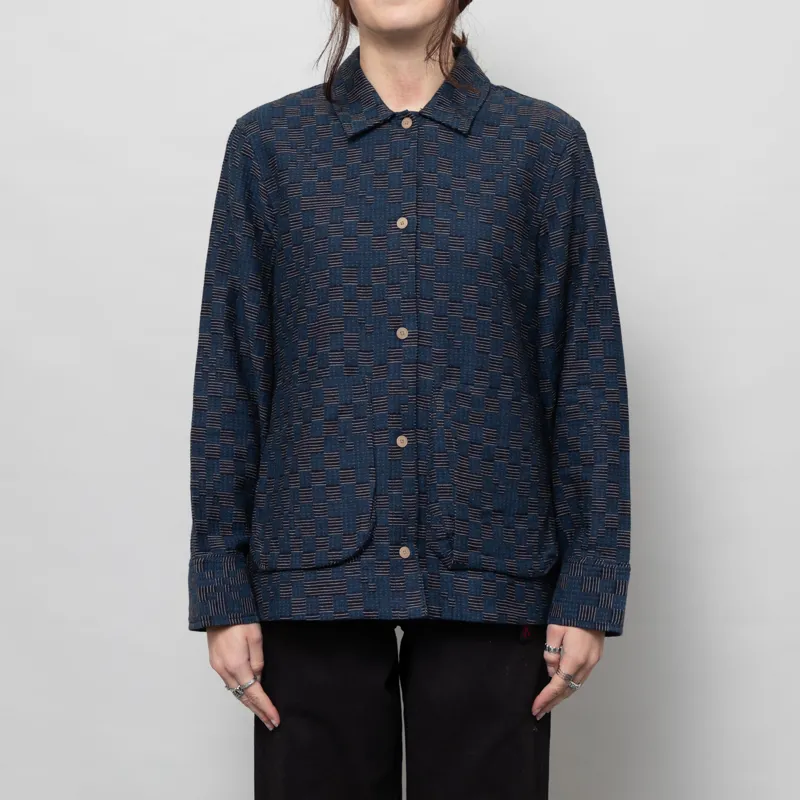 Folk Womens Pleated Overshirt Indigo Broken Checkerboard