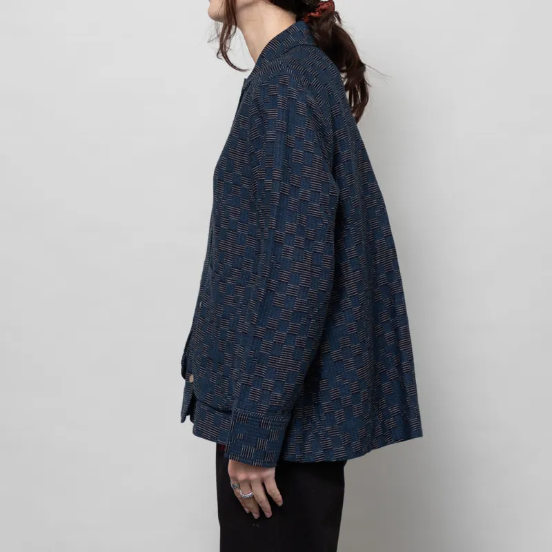 Folk Womens Pleated Overshirt Indigo Broken Checkerboard-1