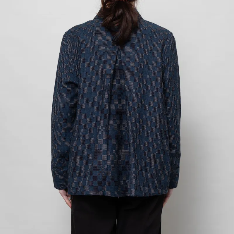 Folk Womens Pleated Overshirt Indigo Broken Checkerboard-2