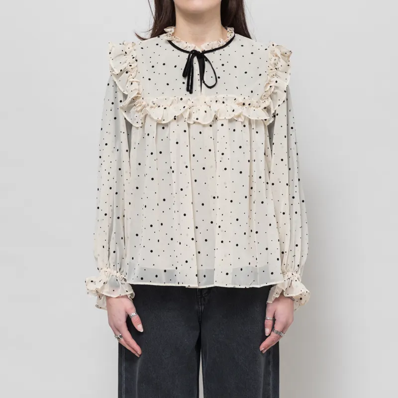 Stella Nova Womens Flock Printed Flounce Blouse Cream Black