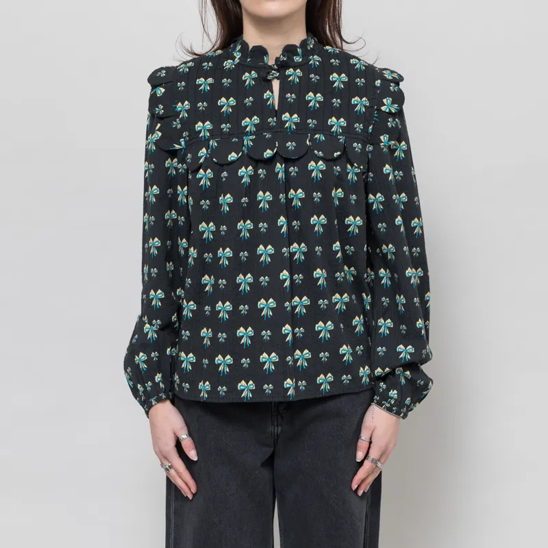 Stella Nova Womens Bow Printed Tongue Blouse Blue