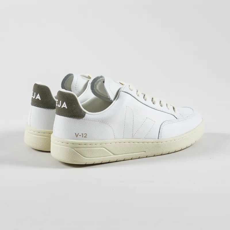 Veja Womens V-12 Stitch OT Leather Shoes Extra White Khaki-1
