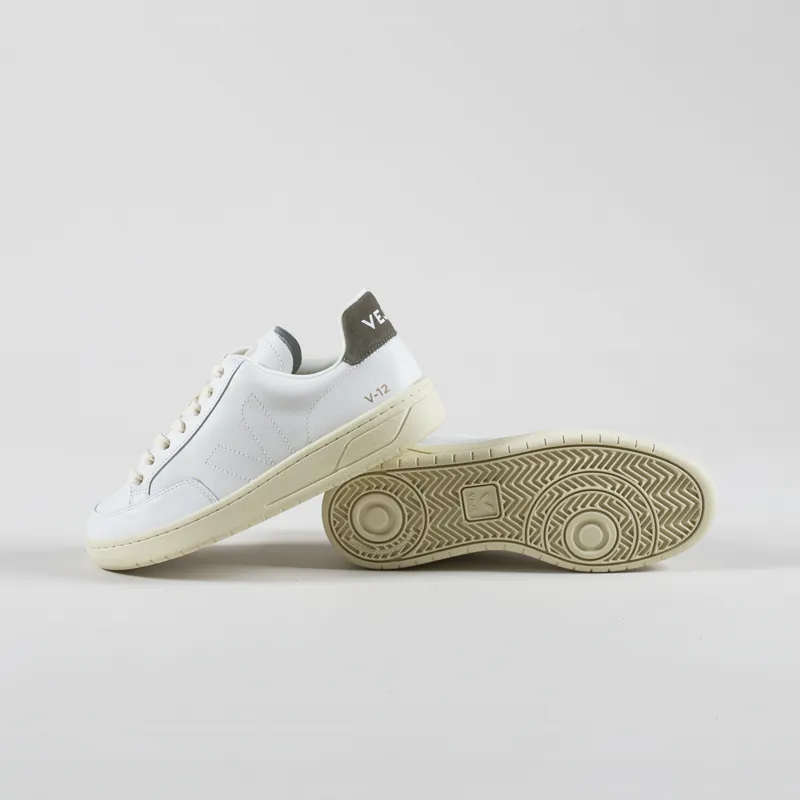 Veja Womens V-12 Stitch OT Leather Shoes Extra White Khaki-3