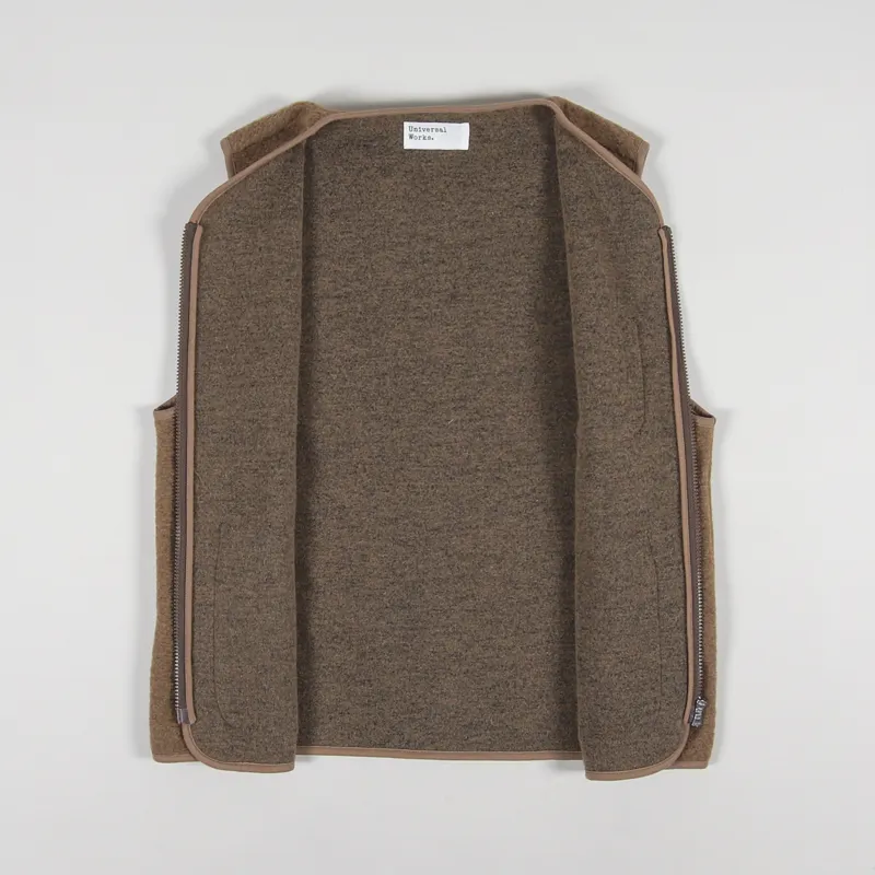Universal Works Zip Gilet Taupe Wool Fleece-1