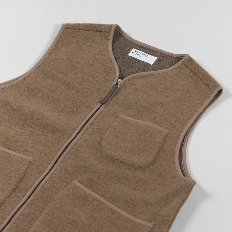 Universal Works Zip Gilet Taupe Wool Fleece-3