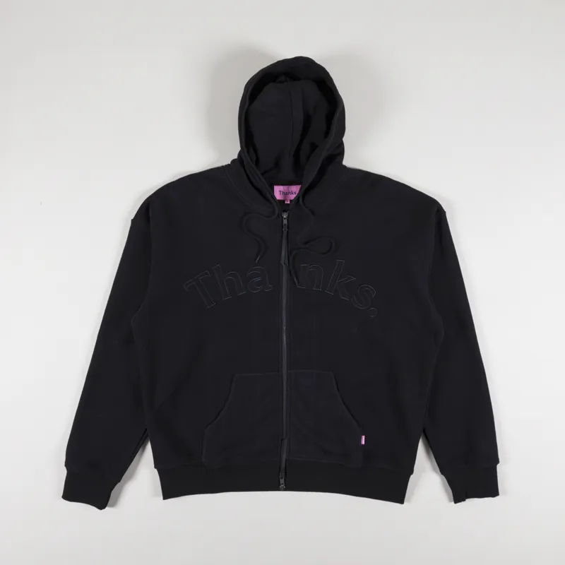 Thanks London Mens Zip Hoodie Embroidery Logo Applique Black
