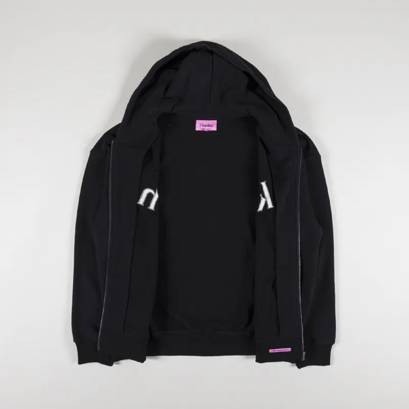Thanks Zip Hoodie Olive Embroidery Black-1