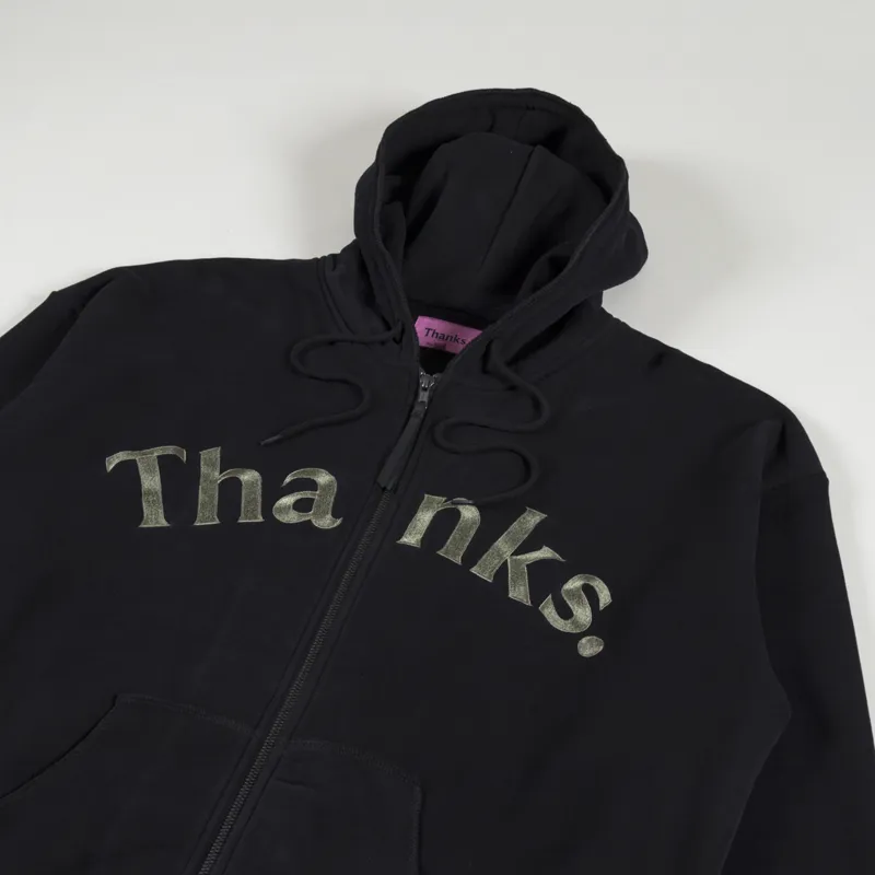 Thanks Zip Hoodie Olive Embroidery Black-3
