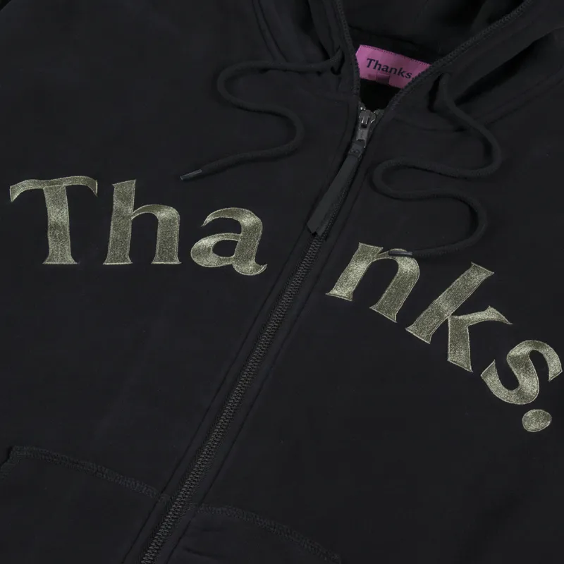 Thanks Zip Hoodie Olive Embroidery Black-6