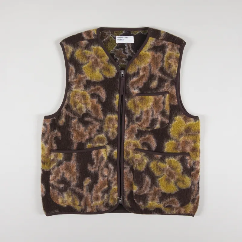 Universal Works Zip Gilet Brown Flower Fleece