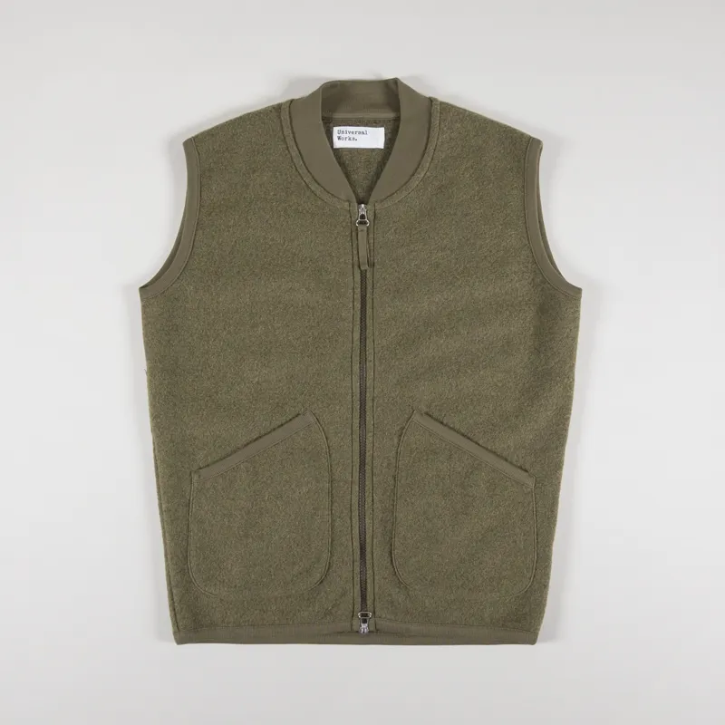 定価5.7万 POSTELEGANT Wool Pockets Vest M Universal Works Mens Wool Blend Zip Waistcoat Lovat Green Gilet