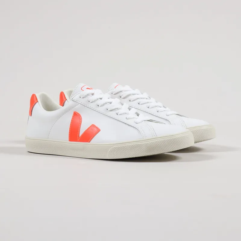 Veja Womens Esplar Logo Leather Shoes Extra White Orange Fluo