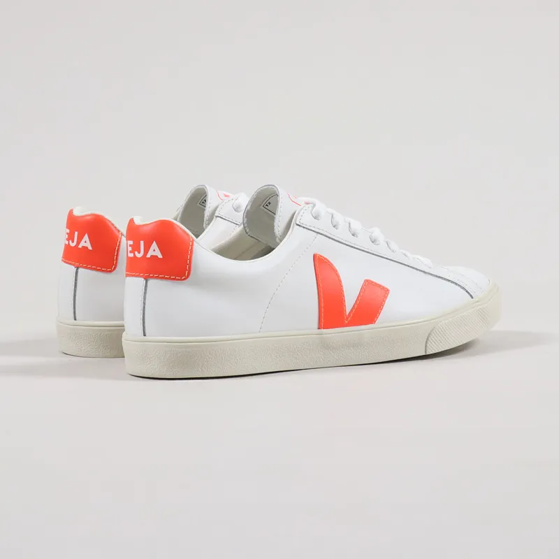 Veja Womens Esplar Logo Leather Shoes Extra White Orange Fluo-2