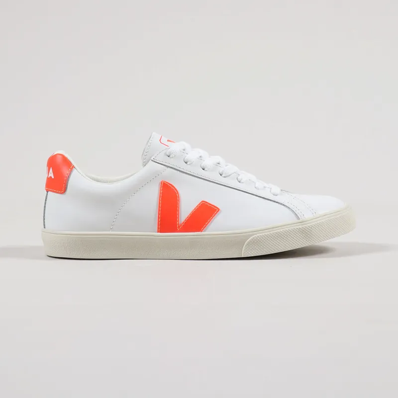 Veja Womens Esplar Logo Leather Shoes Extra White Orange Fluo-4