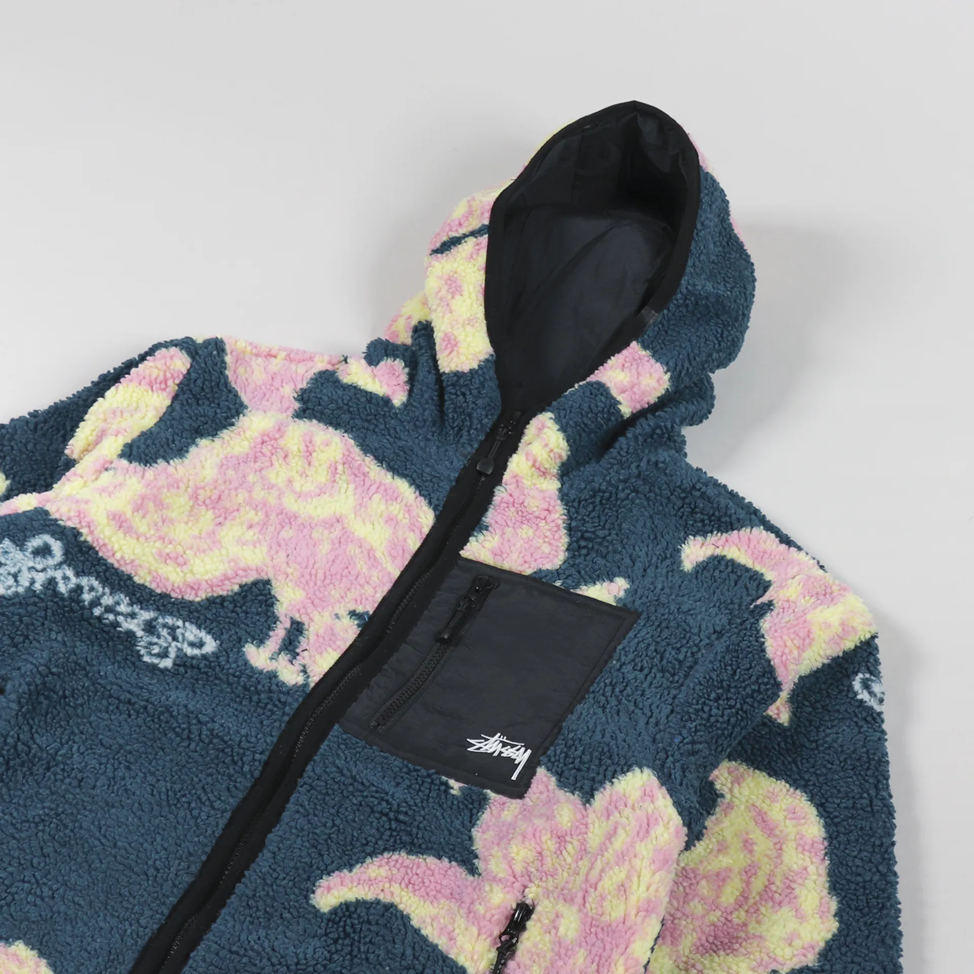 Stussy Mens Winter Floral Sherpa Hooded Jacket Teal Green