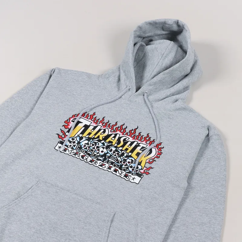 Thrasher Skateboard Magazine Krak Skulls Hoodie Heather Grey-1