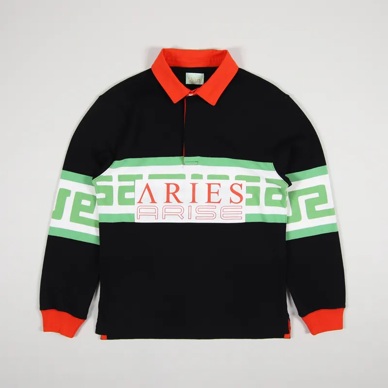 Aries Arise Mens Long Sleeve Meandros Cotton Rugby Shirt Black