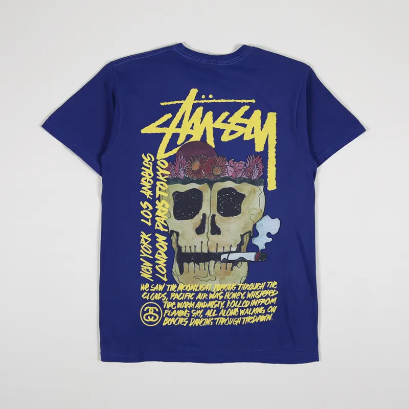 Stussy Mens SS Smokin Skull Pigment Dyed T Shirt Dark Blue