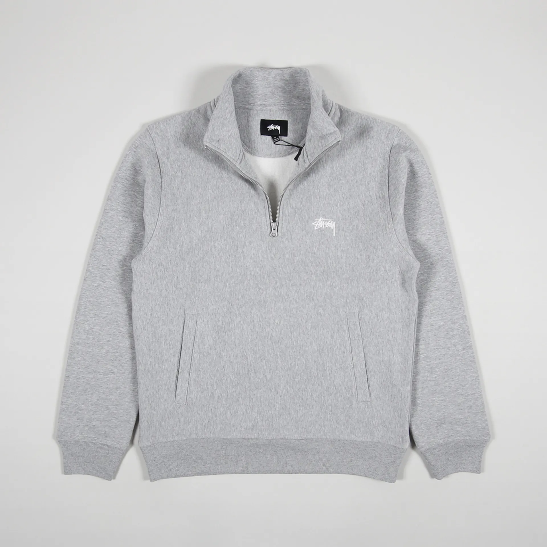 Stussy Mens Stock Logo Mock Zip Neck Sweatshirt Grey Heather