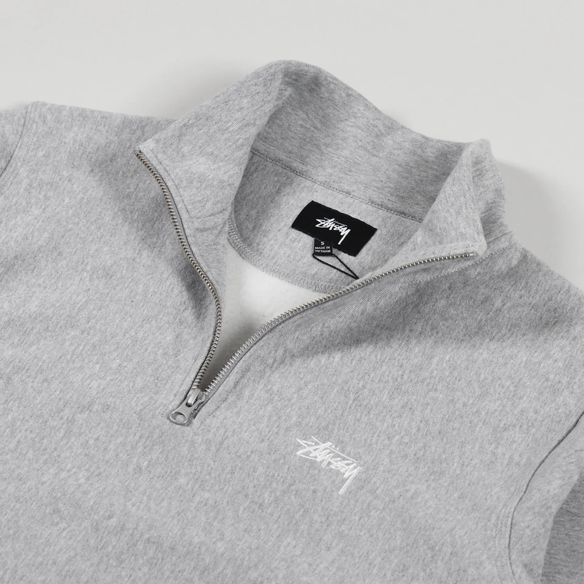 Stussy Mens Stock Logo Mock Zip Neck Sweatshirt Grey Heather