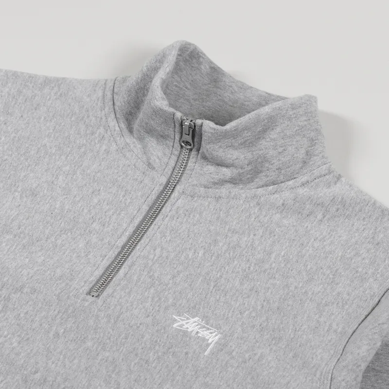 Stussy Mens Stock Logo Mock Zip Neck Sweatshirt Grey Heather