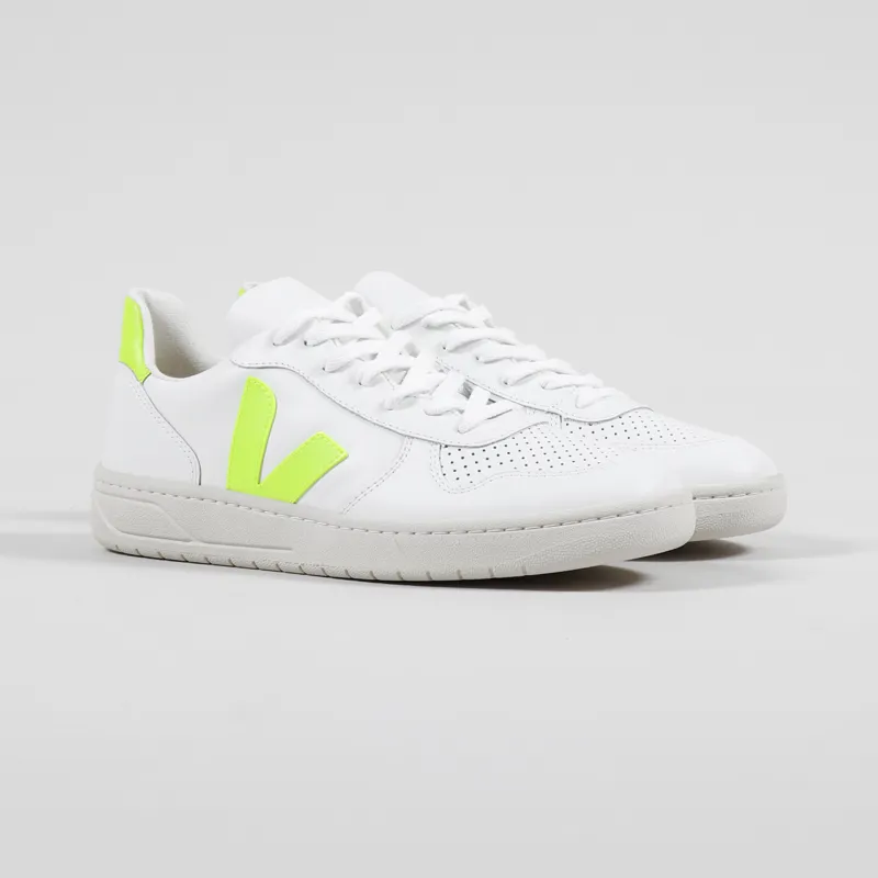 Veja Mens AW20 V 10 Leather Shoes Extra White Jaune Fluo