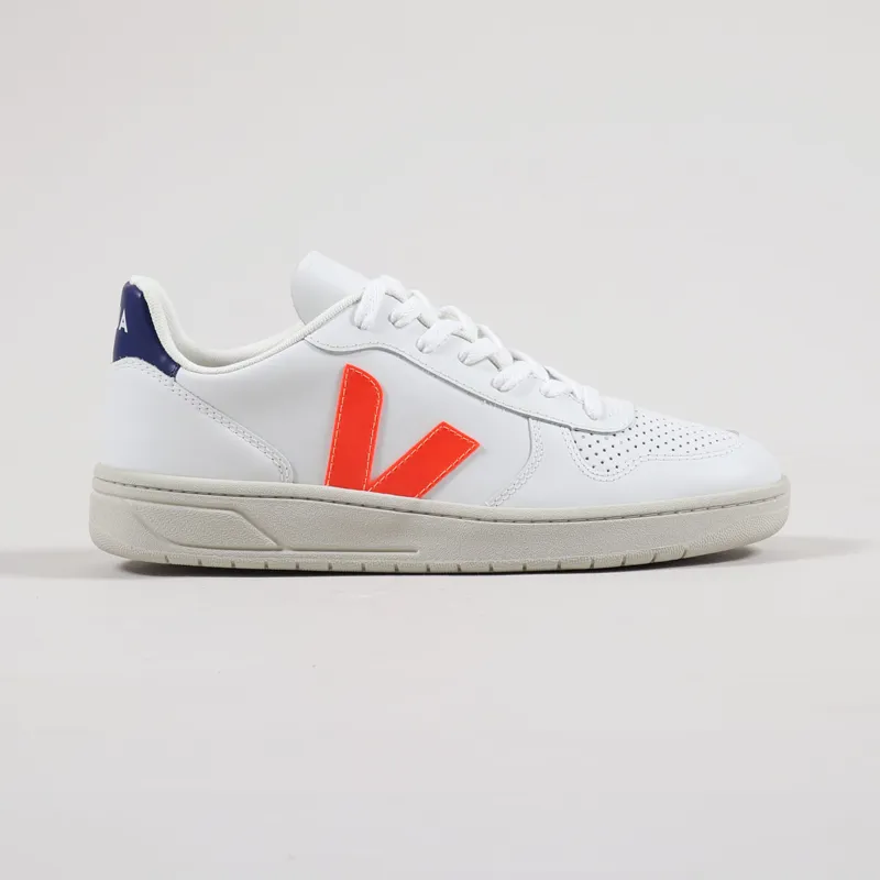Veja V-10 Leather Shoes Extra White Orange Fluo Cobalt-4