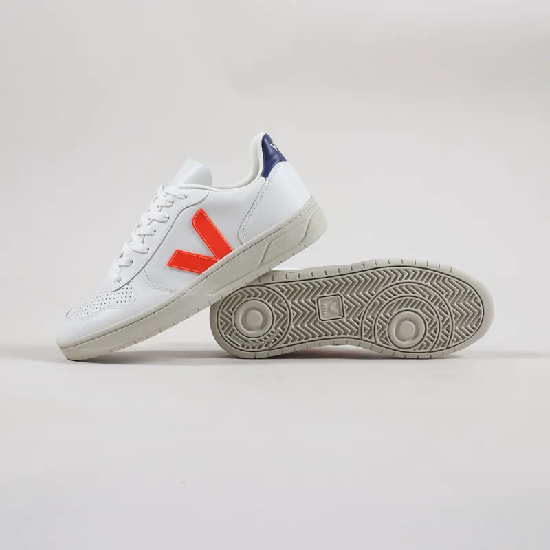 Veja V-10 Leather Shoes Extra White Orange Fluo Cobalt-1