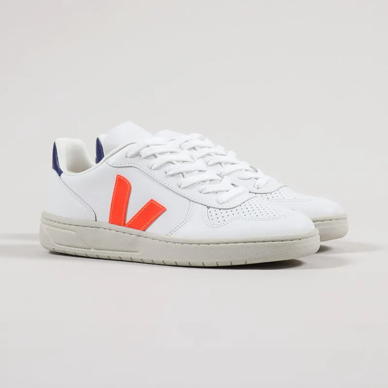 Veja Womens V-10 Leather Shoes Extra White Orange Fluo Cobalt