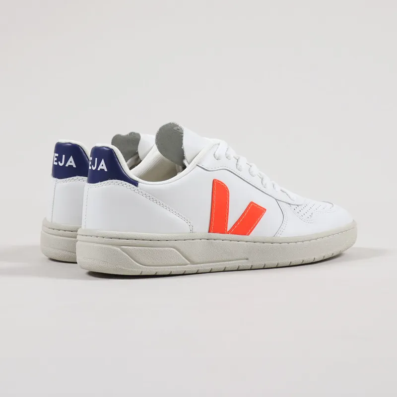 Veja Womens V-10 Leather Shoes Extra White Orange Fluo Cobalt-2