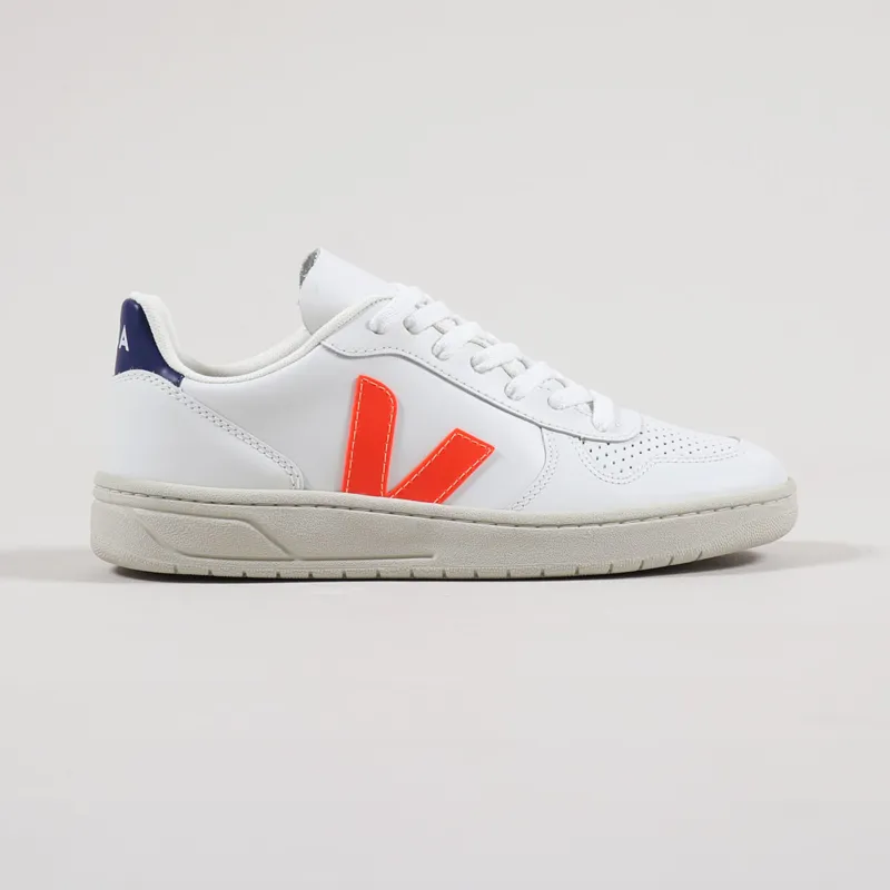Veja Womens V-10 Leather Shoes Extra White Orange Fluo Cobalt-4