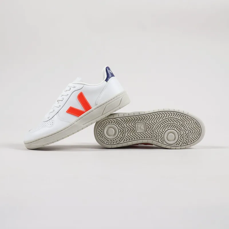 Veja Womens V-10 Leather Shoes Extra White Orange Fluo Cobalt-1
