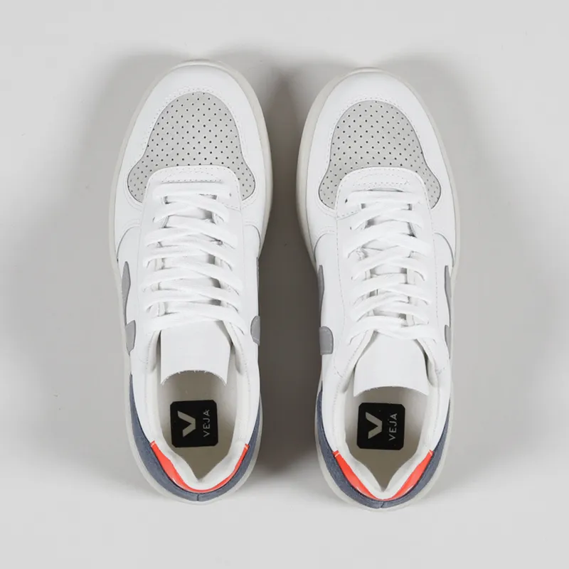 Veja V-10 Leather Shoes Extra White Oxford Grey Orange Fluo-2