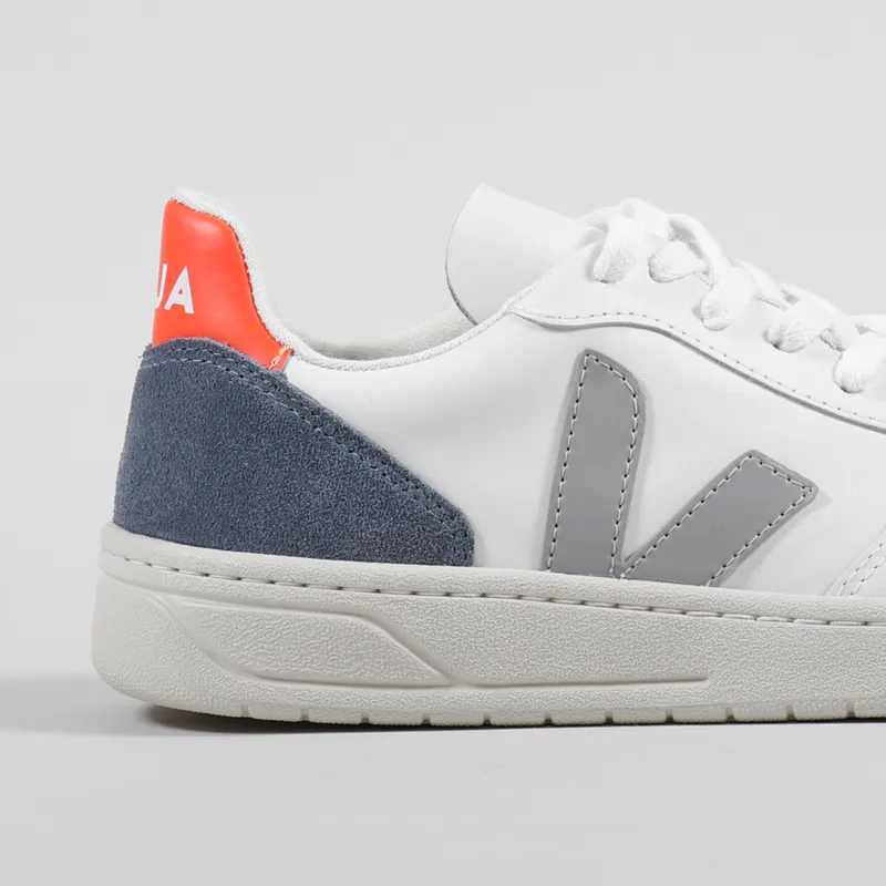 Veja V-10 Leather Shoes Extra White Oxford Grey Orange Fluo-5