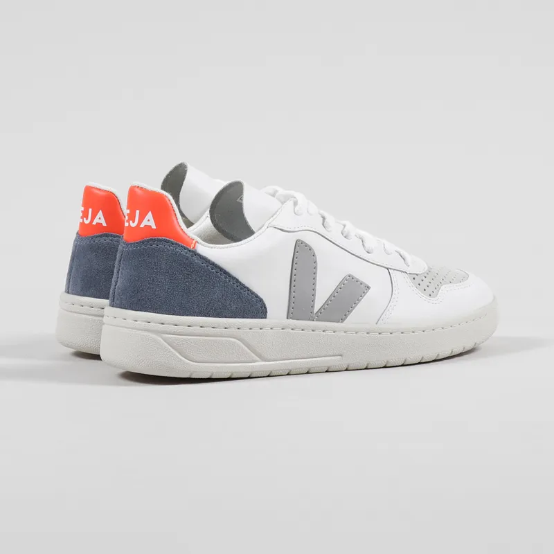 Veja V-10 Leather Shoes Extra White Oxford Grey Orange Fluo-3