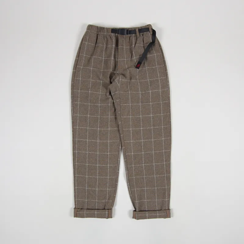 Gramicci Mens Wool Blend Tuck Tapered Pants Glen Check Camel