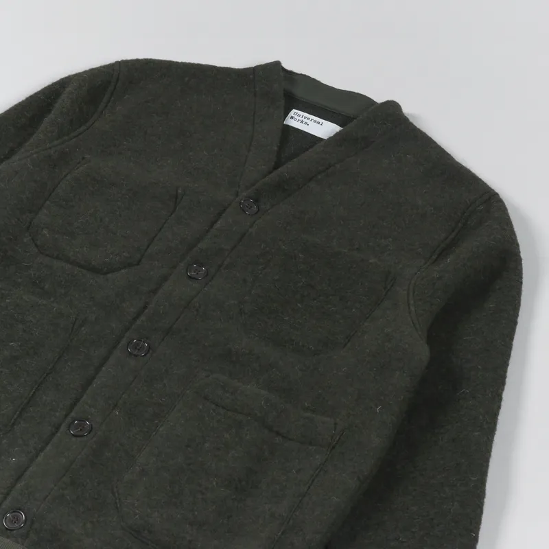 Universal Works Cardigan Olive Wool Fleece-3